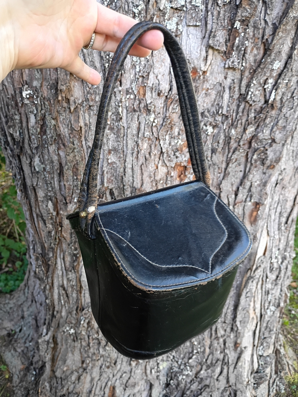 Antique Black Leather 6" Purse 1940's Flap Sides